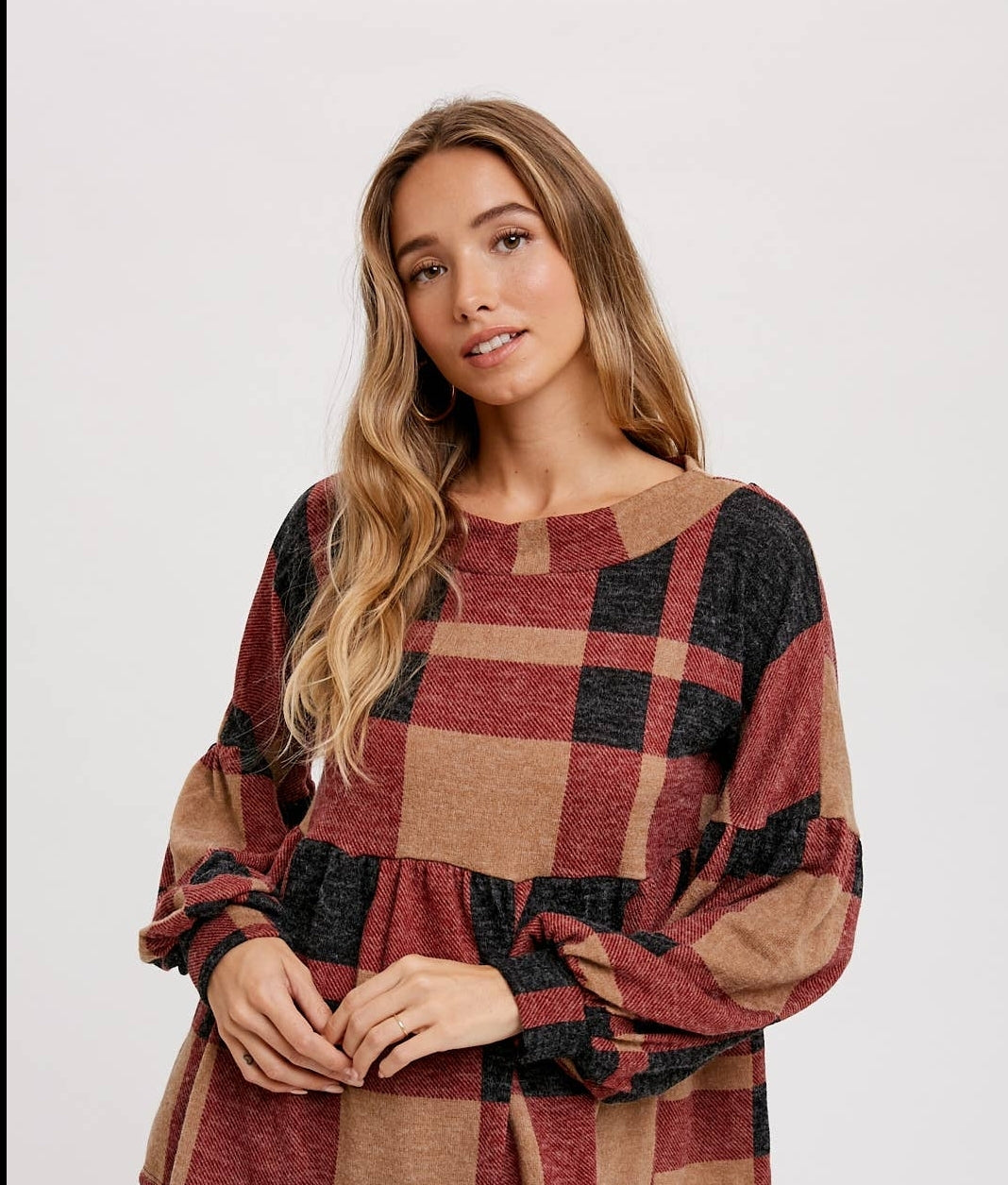 Brushed Knit Plaid Babydoll Top